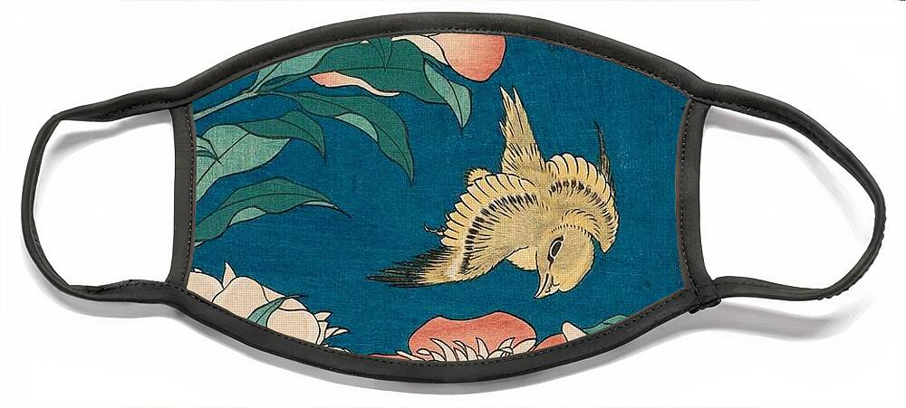 1834 Face Mask featuring the painting Peonies and Canary by Katsushika Hokusai