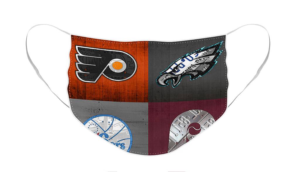 Philadelphia Face Mask featuring the mixed media Philadelphia Sports Fan Recycled Vintage Pennsylvania License Plate Art Flyers Eagles 76ers Phillies by Design Turnpike