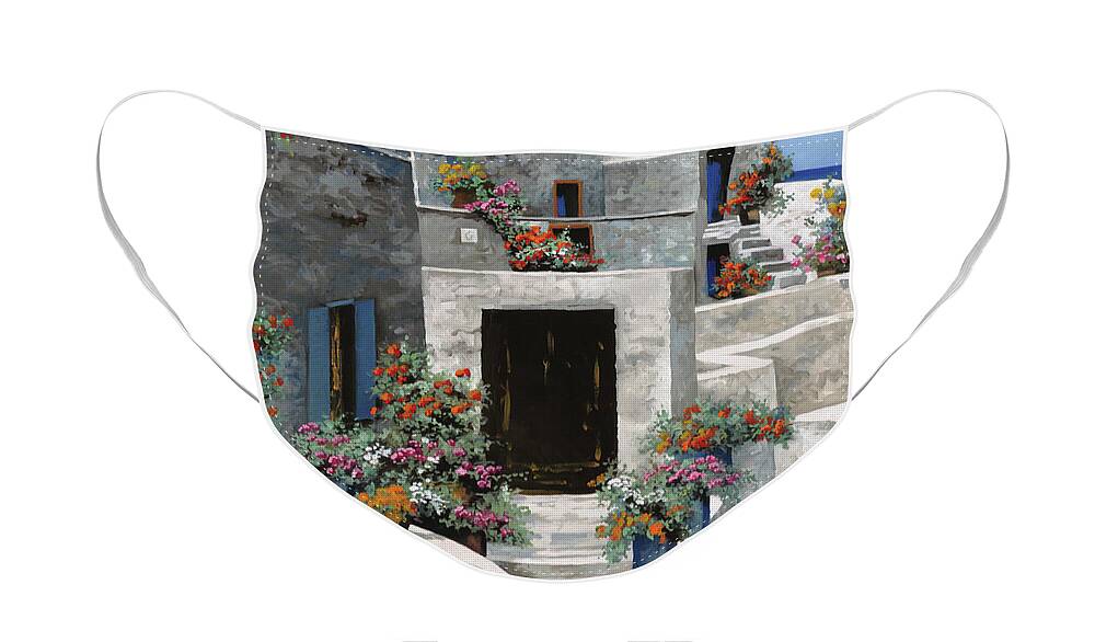 Landscape Face Mask featuring the painting alcune piccole case di Grecia by Guido Borelli