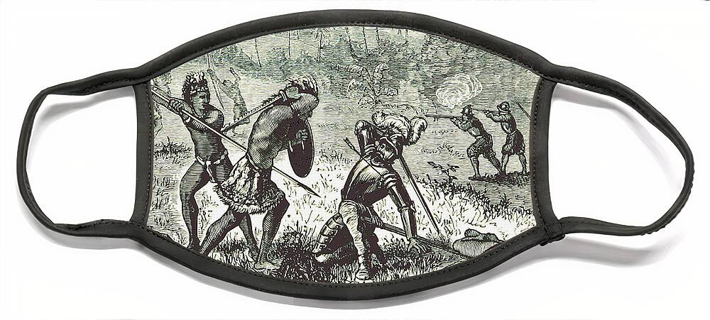 History Face Mask featuring the photograph Pizarros Fight With The Incas, 16th by British Library