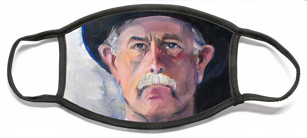 Portrait Painting Of Man Face Mask featuring the painting Portrait of a man in top hat by Greta Corens