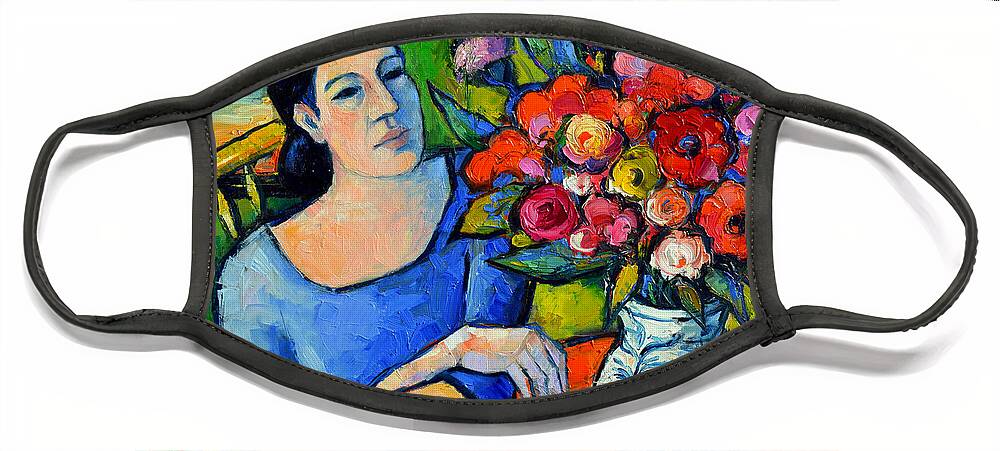 Portrait Of Woman With Flowers Face Mask featuring the painting Portrait Of Woman With Flowers by Mona Edulesco