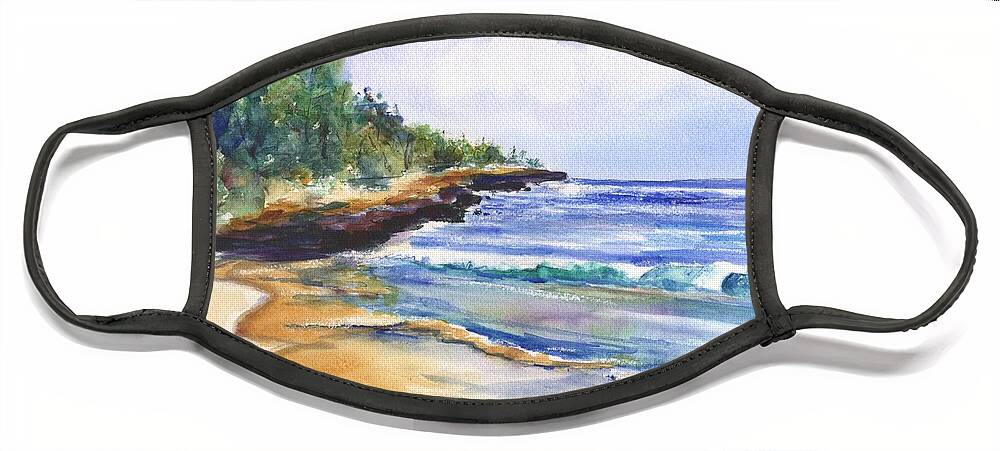Watercolor Seascape Face Mask featuring the painting Pristine Mahaulepu Beach by Marionette Taboniar
