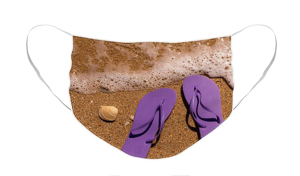 Water Face Mask featuring the photograph Purple Flip Flops on the Beach by Teri Virbickis