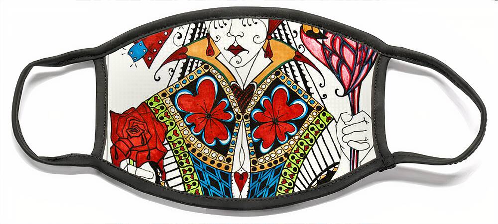 Queen Of Hearts Face Mask featuring the drawing Queen Of Hearts Face Card by Jani Freimann