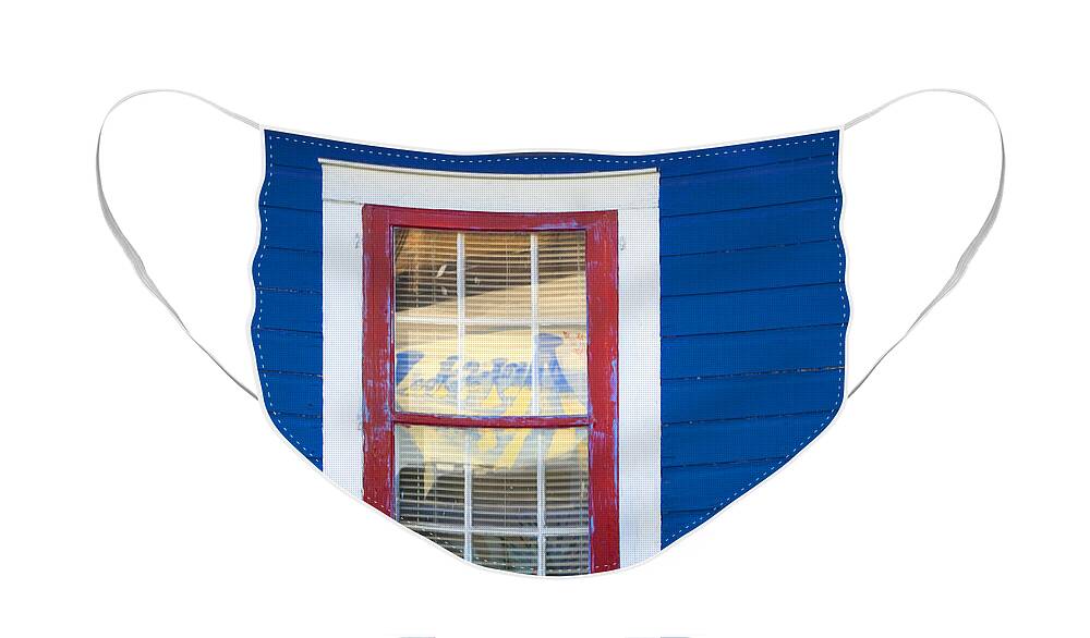 Window Face Mask featuring the photograph Red and White Window in Blue Wall by Lynn Hansen