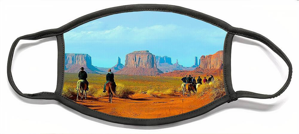 Monument Valley Face Mask featuring the photograph Riders at Monument Valley by Barbara Zahno