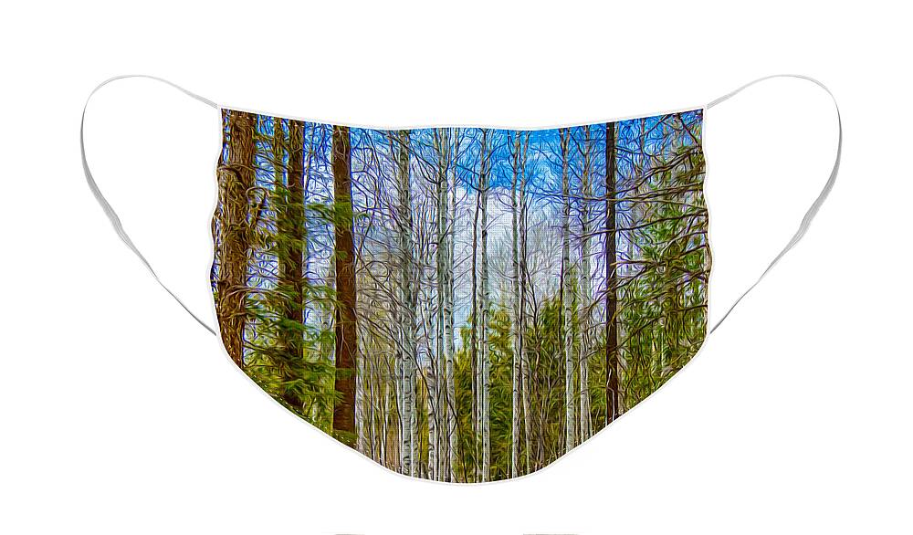 North Cascades Face Mask featuring the painting River Run Trail at Arrowleaf by Omaste Witkowski