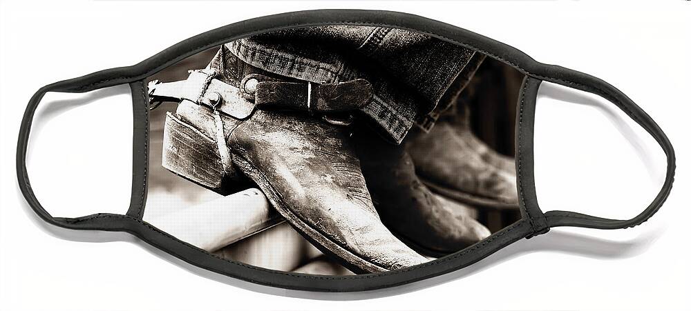 Cowboy Face Mask featuring the photograph Rodeo Boots and Spurs in Black and White by Lincoln Rogers