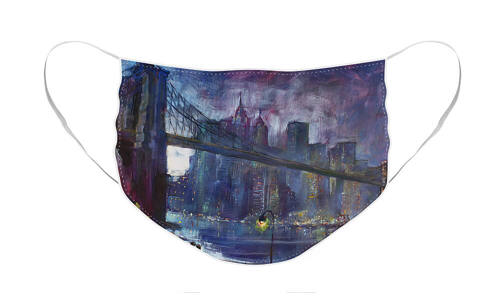 Brooklyn Bridge Face Mask featuring the painting Romance by East River NYC by Ylli Haruni