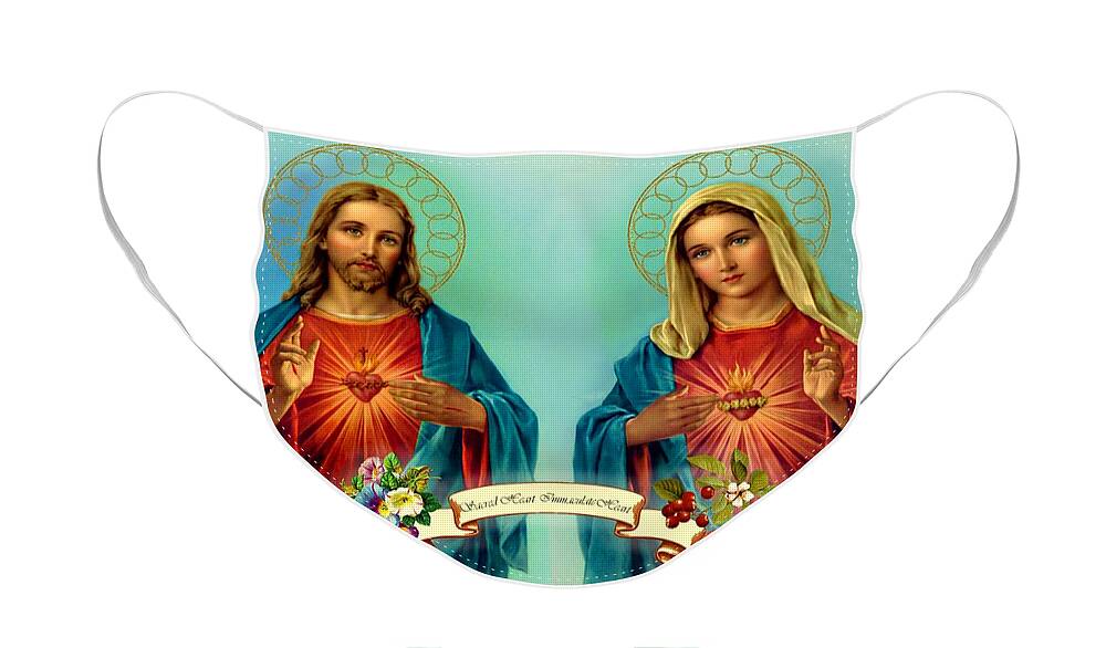 Jesus Face Mask featuring the painting Sacred Heart Immaculate Heart by Movie Poster Prints