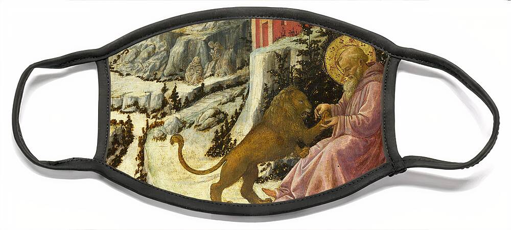 Fra Filippo Lippi And Workshop Face Mask featuring the painting Saint Jerome and the Lion - Predella Panel by Fra Filippo Lippi and Workshop