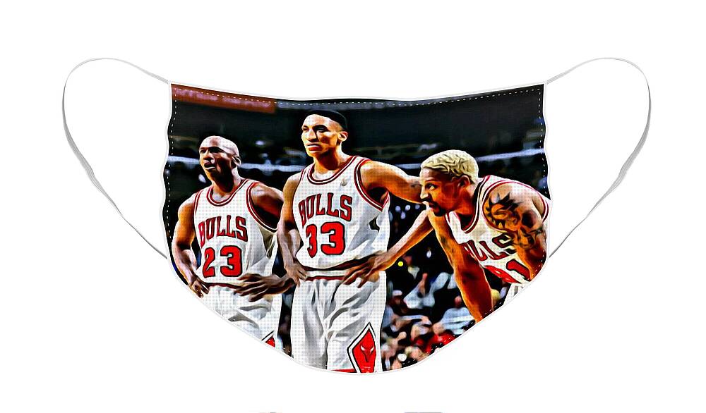 National Face Mask featuring the painting Scottie Pippen with Michael Jordan and Dennis Rodman by Florian Rodarte