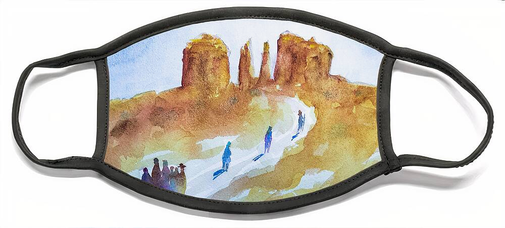 Cathedral Rock Face Mask featuring the painting Seekers at Cathedral Rock by Terry Ann Morris