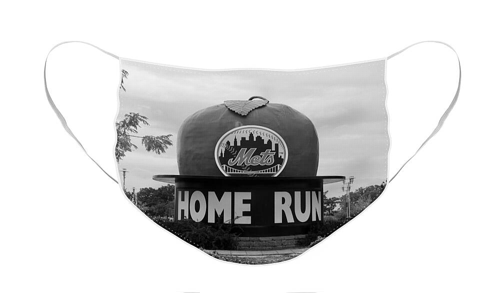 Shea Stadium Face Mask featuring the photograph SHEA STADIUM HOME RUN APPLE in BLACK AND WHITE by Rob Hans