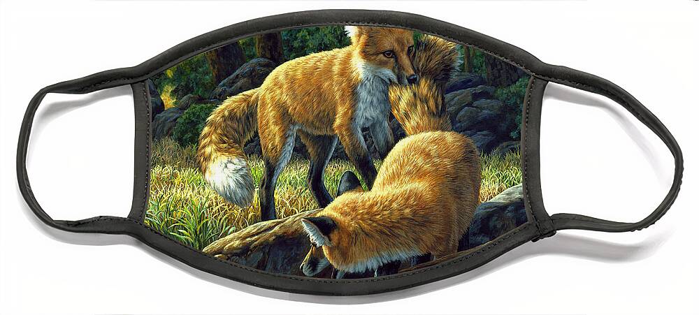 Fox Face Mask featuring the painting Red Foxes - Sibling Rivalry by Crista Forest