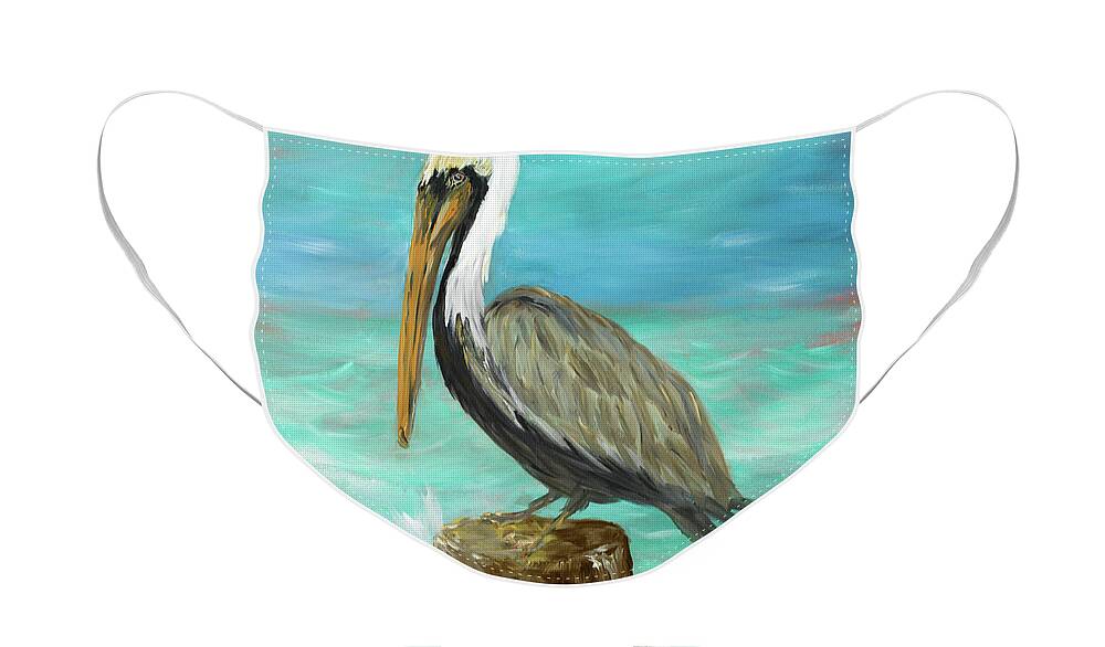 Single Face Mask featuring the painting Single Pelican On Post by Julie Derice
