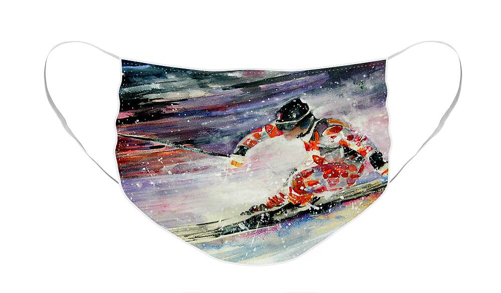 Sports Face Mask featuring the painting Skiing 01 by Miki De Goodaboom