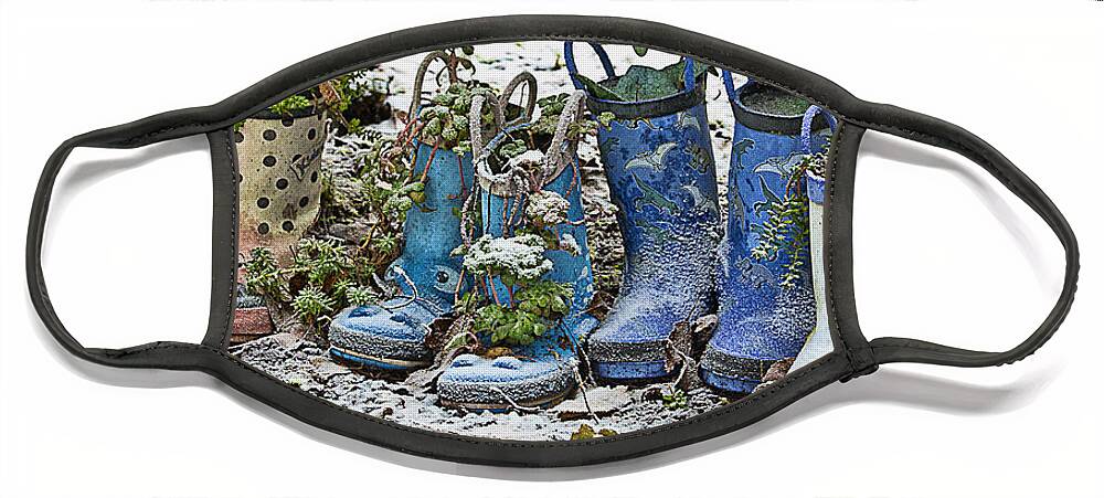 Yard Art Face Mask featuring the photograph Snowy Cold Rubber Boots by Ron Roberts