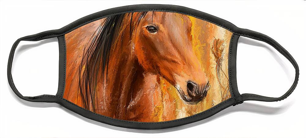 Bay Horse Paintings Face Mask featuring the painting Standing Regally- Bay Horse Paintings by Lourry Legarde