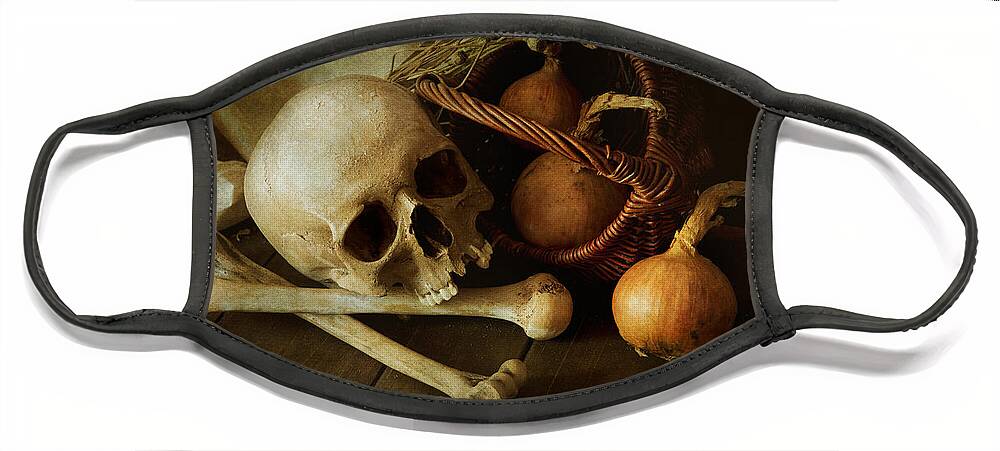 Still Life Face Mask featuring the photograph Still life with bones and onions by Jaroslaw Blaminsky