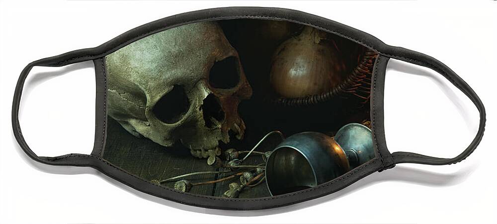 Still Life Face Mask featuring the photograph Still life with human skull and silver chalice by Jaroslaw Blaminsky