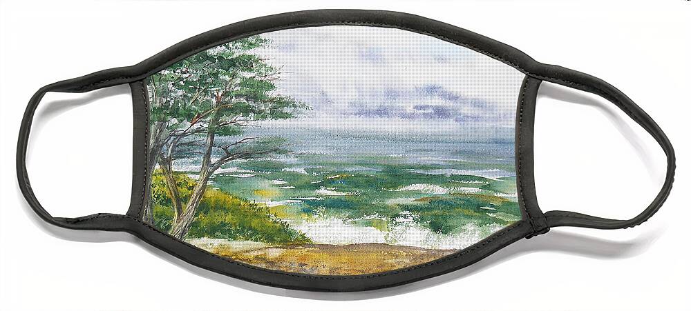Seascape Face Mask featuring the painting Stormy Morning At Carmel By The Sea California by Irina Sztukowski