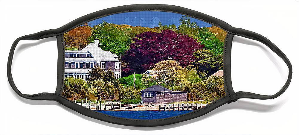 New England; Beach; Coastal; Shoreline; Summer Homes; Houses; Docks; Sea; Ocean; Marthas Vineyard; Trees; Nature; Natural; Kirt Tisdale Face Mask featuring the painting Summer at the Shore by Kirt Tisdale