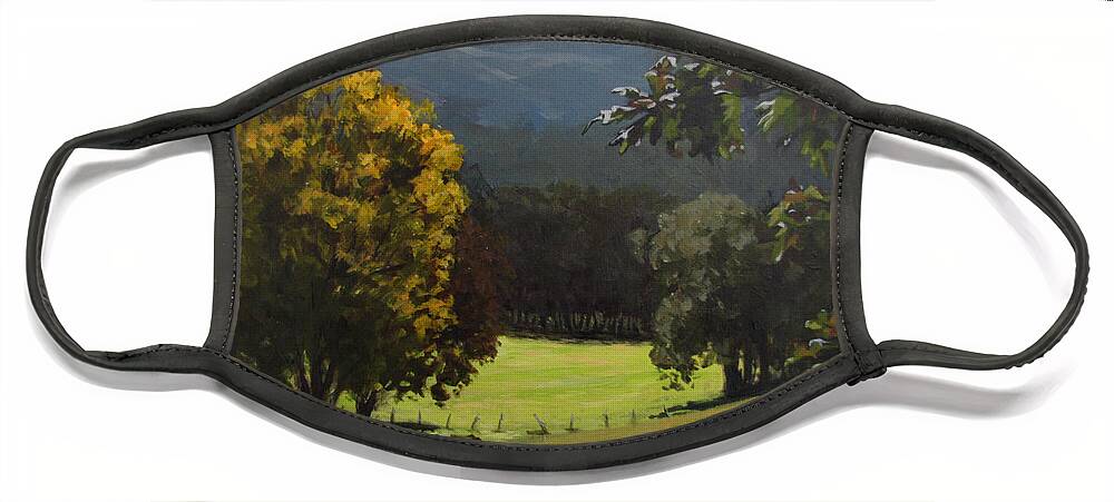 Landscape Face Mask featuring the painting Sunny Fall Day by Karen Ilari