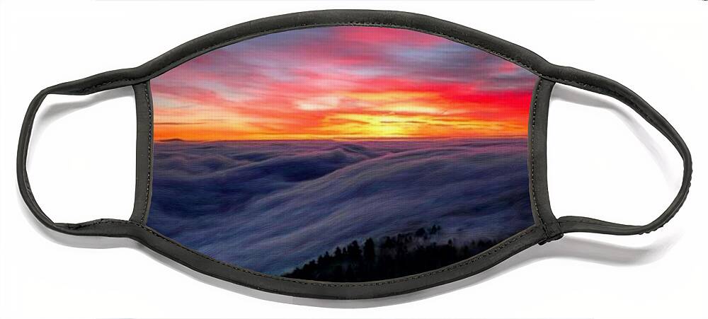 Sunrise From Mountaintop Face Mask featuring the painting Sunrise from Mountaintop by Troy Caperton