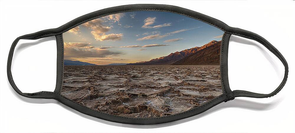 Death Valley Face Mask featuring the photograph Sunset At BadWater Basin by Jennifer Magallon