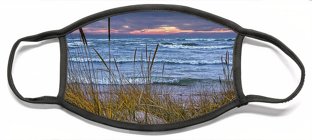 Art Face Mask featuring the photograph Sunset on the Beach at Lake Michigan with Dune Grass by Randall Nyhof