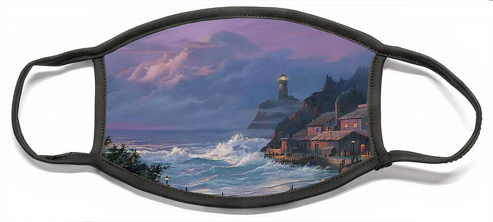 Lighthouse Face Mask featuring the painting Sunset Fog by Michael Humphries