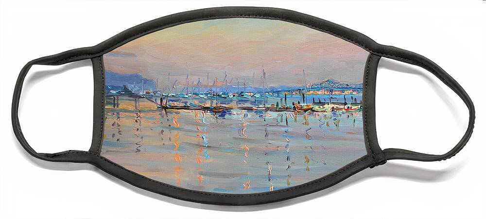 Seascape Face Mask featuring the painting Sunset in Piermont Harbor NY by Ylli Haruni
