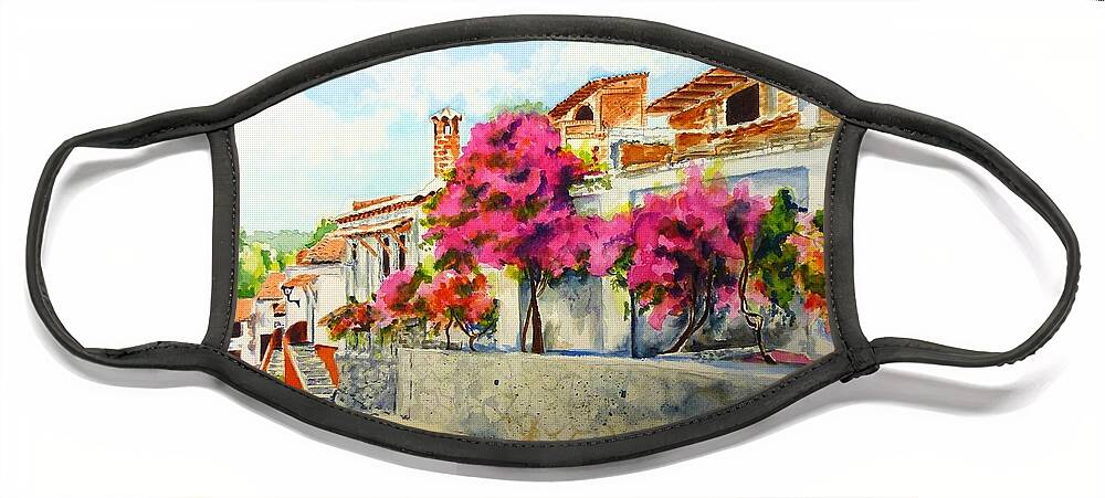 Bougainvillea Face Mask featuring the painting Talpalpa a Walk with a View by Sonia Mocnik