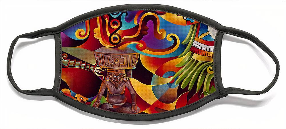 Aztec Face Mask featuring the painting Tapestry of Gods - Huehueteotl by Ricardo Chavez-Mendez