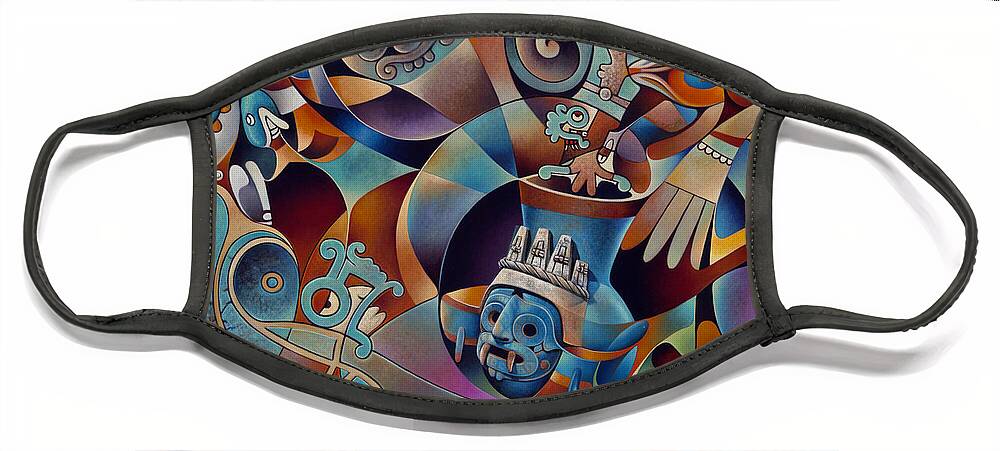 Aztec Face Mask featuring the painting Tapestry of Gods - Tlaloc by Ricardo Chavez-Mendez