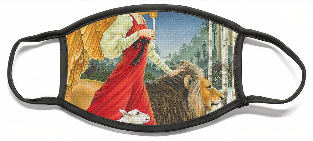 Angel Face Mask featuring the painting The Angel The Lion and The Lamb by Lynn Bywaters