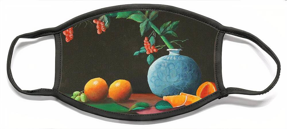 Oil Paintings Face Mask featuring the painting The Asian Vase and Oranges by Bob Williams