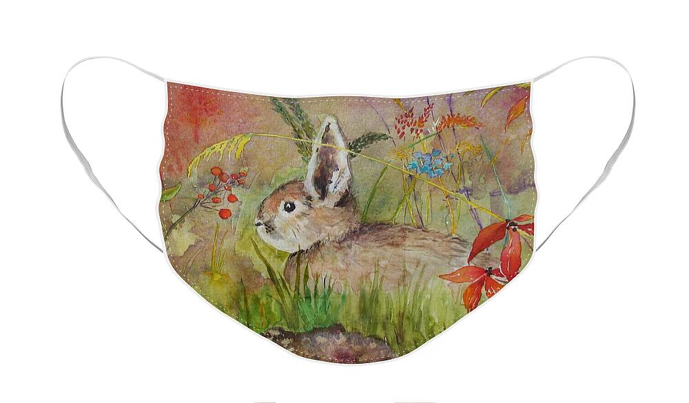 Nature Face Mask featuring the painting Mumu's Bunny by Mary Ellen Mueller Legault