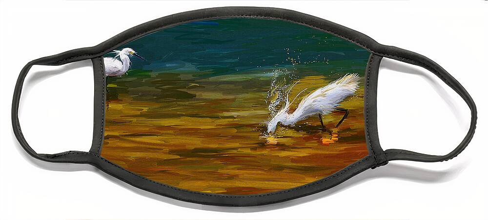 Egret Face Mask featuring the painting The Catch by Angela Stanton