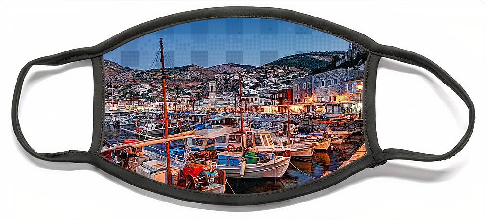 Aegean Face Mask featuring the photograph The harbor of Hydra by night - Greece by Constantinos Iliopoulos