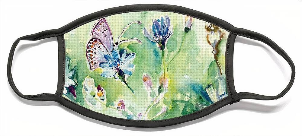 Butterfly And Chicory Face Mask featuring the painting The Love Between Butterfly and Chicory by Tiberiu Soos