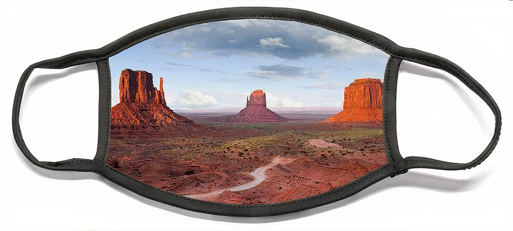 Arizona Face Mask featuring the photograph The Mittens and Merrick Butte at Sunset by Jeff Goulden