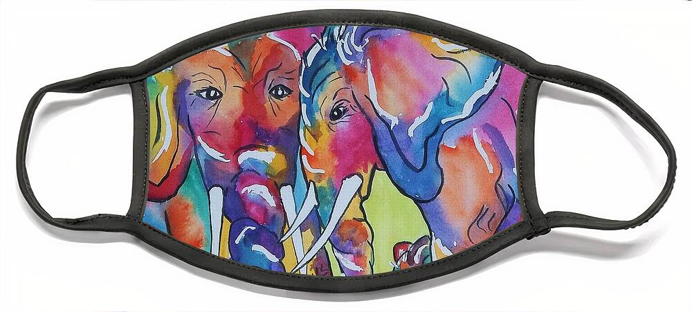Elephants Face Mask featuring the painting The Protectors Square Format by Ellen Levinson