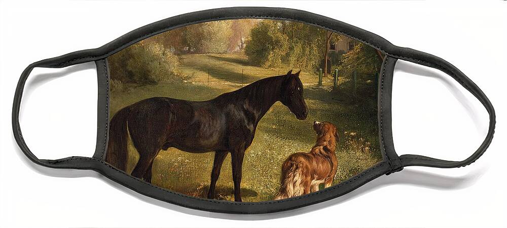 Black Horse Face Mask featuring the painting The two friends by Adam Benno