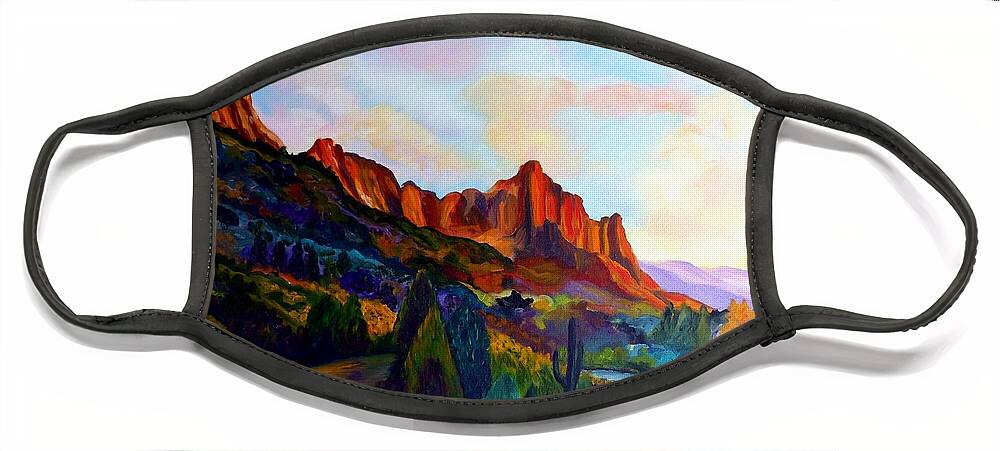The Watchman Face Mask featuring the painting The Watchman Zion Park Utah by Julie Brugh Riffey