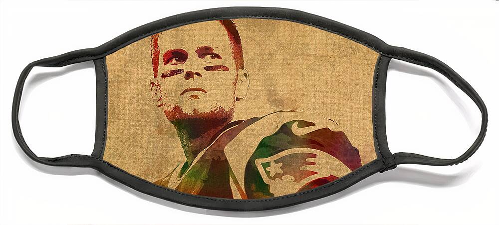 Tom Brady Face Mask featuring the mixed media Tom Brady New England Patriots Quarterback Watercolor Portrait on Distressed Worn Canvas by Design Turnpike