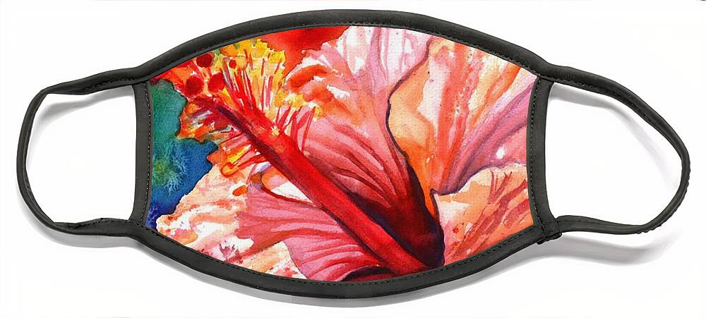 Pink Hibiscus Face Mask featuring the painting Tropical Pink Hibiscus by Marionette Taboniar