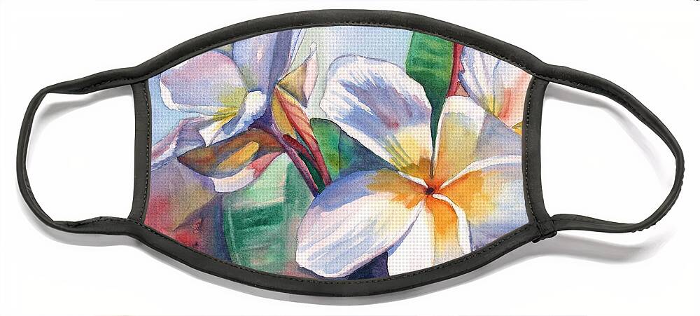 Plumeria Face Mask featuring the painting Tropical Plumeria Flowers by Marionette Taboniar